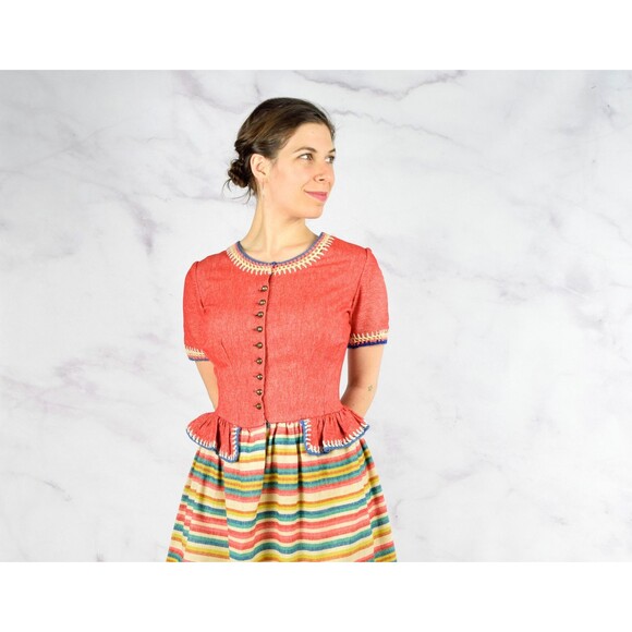 1940s Rainbow Dress Size Small 40s Striped Peplum Dress Crochet Details Wool - Picture 1 of 10